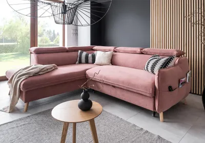 Produktbild von MIUFORM Sweet Harmony - Ecksofa mit Bettfunktion und Bettkasten L-FORM LINKS - 253x208cm - Velours Puderrosa - Sofa Schlafsofa Couch