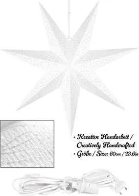 Zdjęcie produktu dla Papierowa gwiazda bożonarodzeniowa BRUBAKER 60 cm do zawieszenia - gwiazda adwentowa - papierowa gwiazda 3D z gniazdem E14, biała