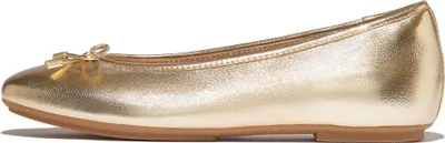 Immagine prodotto di FitFlop, ballerine da donna modello Delicato Bow, in pelle metallizzata morbida, colore platino