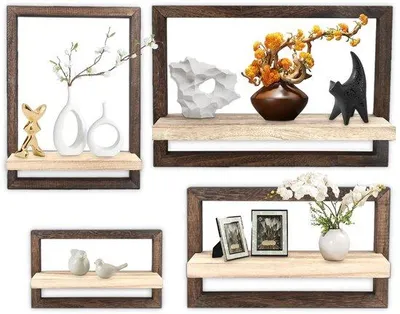 Immagine prodotto di Set di 4 mensole sospese in legno massello Ibbenzoa®, design industriale, colore marrone – Scaffali dal moderno stile retrò, ideali per soggiorno, cucina, ufficio e bagno