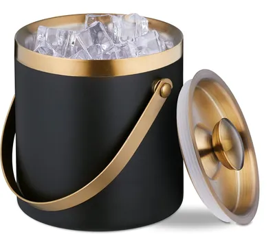 Immagine prodotto di Contenitore per il ghiaccio - Acciaio inossidabile - A doppia parete - Con coperchio e cerniere - Grande - 1,5 litri - Contenitore per cubetti di ghiaccio in metallo - Nero - Oro