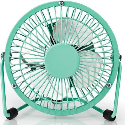 A teal-colored desktop fan with a metal grill.