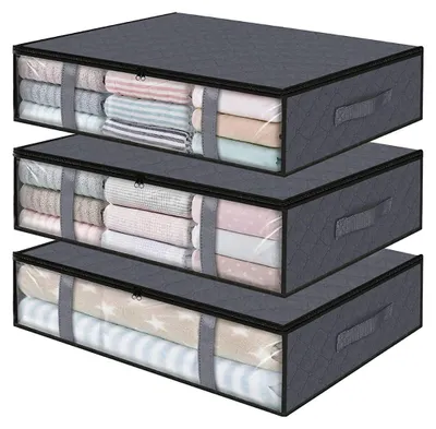 Obrázek produktu pro Úložné boxy, skládací, s průhledným okénkem, 60x45x15 cm, vyrobené z polypropylenové textilie, vhodné pro oděvy, 3 kusy, šedé