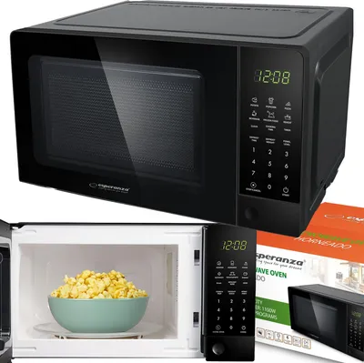 A collage of images showing a black microwave oven, its interior with popcorn, and its control panel.