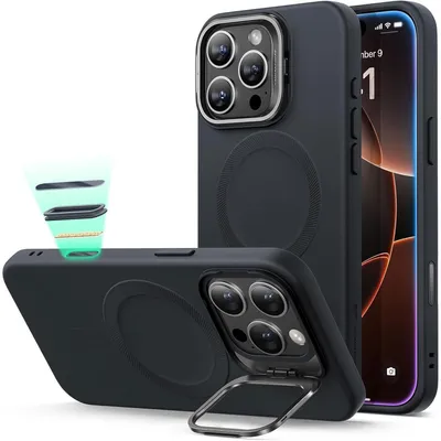 Productafbeelding van Siliconen hoes met standaard voor iPhone 16 Pro, compatibel met MagSafe, zwart
