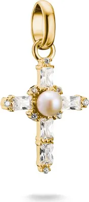 A close-up studio shot of a gold cross charm with a pearl and clear stones.