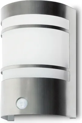A modern outdoor wall lamp with a motion sensor.