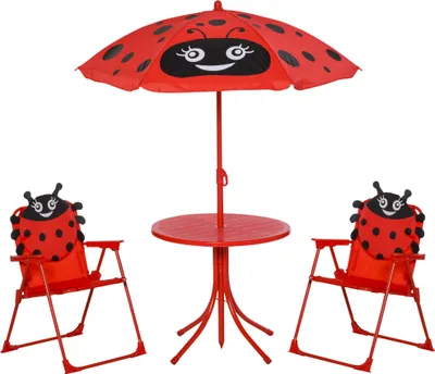 Image de Outsunny Ensemble Salon de Jardin Enfant 4 pcs Design Coccinelle - Table Ronde + 2 chaises Pliables + Parasol - mšŠtal šŠpoxy Oxford Rouge