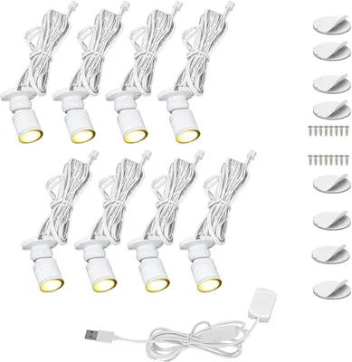 Imagen del producto de 8 focos LED mini, luz cálida de 3000K, regulables y con conexión USB