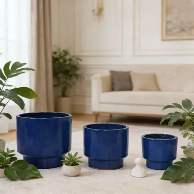 Image de Lot de 3 jardinières en céramique faites main, rondes, résistantes au gel, bleu-vert, aspect antique, Ø 38/31/23 cm
