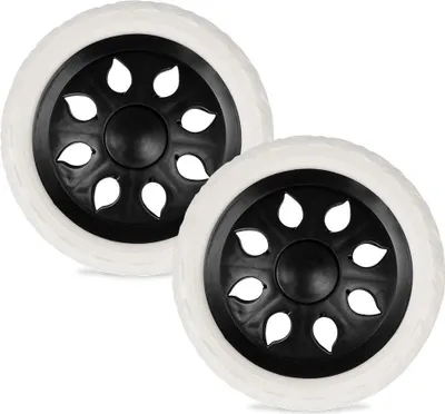 Two white and black wheels for a shopping trolley.