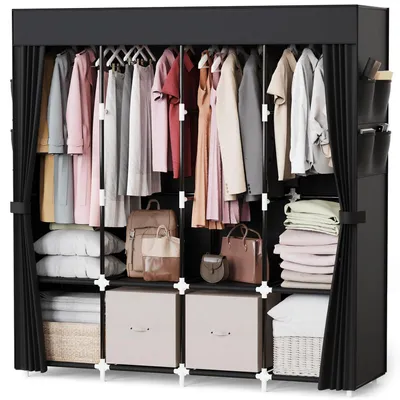 Immagine prodotto di Armadio rivestito in tessuto, dimensioni 170x42x170 cm, colore nero, con 4 aste appendiabiti e 8 scomparti