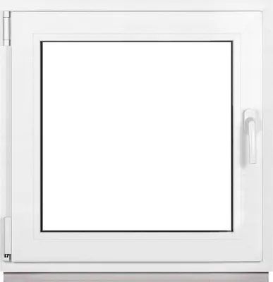 A white window frame with a clear glass pane, set against a white background.
