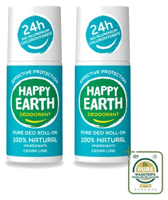 Obrázek produktu pro 2 x Deodorant Happy Earth, roll-on, cedr a limetka, 100% přírodní, 75 ml - balení pro zásobení - 2 kusy