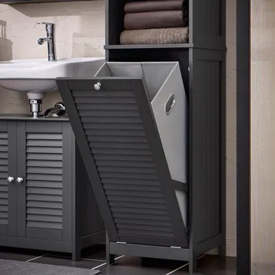 Immagine prodotto di Armadio alto con cesto portabiancheria estraibile - Mobiletto bagno stretto - Scaffale per il bagno