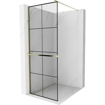 Obrázek produktu pro Mexen Kioto+ sprchová zástěna s poličkou a kolejnicí 80 x 200 cm, Průhledné/Černý vzor 8 mm, Zlatá - 800-080-121-50-77