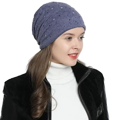 Produktbild von Damen Wintermütze gefüttert Slouch Beanie - Sterne und schwarzer Strass blau