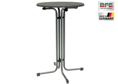 Produktbild von MFG, Stehtisch, 70 cm Durchmesser, 110 cm Höhe, Anthrazit/Schiefer, wetterfest, klappbar, platzsparend verstaubar, für drinnen und draußen, UV-beständig, kratzfest, fleckenbeständig, pflegeleicht, Gestell aus pulverbeschichtetem Stahlrohr, Tischplattenkante aus PP, PEFC-zertifiziert, Tischplatte vormontiert, kein Bohren nötig, mit Niveauausgleich gegen Wackeln