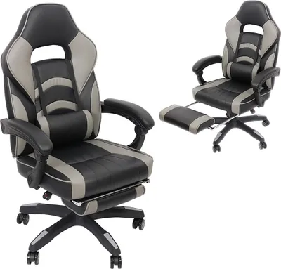 A black and gray gaming chair with a footrest is shown from two different angles.