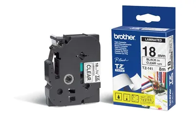 Produktbild von Brother Black on Clear Gloss Laminated Tape, 18mm, TZ, China, 8 m, 70,5 mm, 92 mm, 26 mm