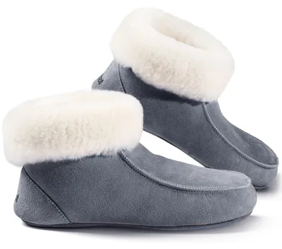 Produktbild von Fellhof Hüttenpatschen Uni Hüttenschuhe mit Lammfellfutter Blaugrau, 3101-2 - Gr. 42