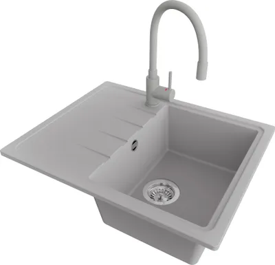 Produktbild von PRIMAGRAN Granitspüle Grau 62x50cm, Spülbecken 1 Becken + Küchenarmatur 38x14cm + Ablauf-Set, Küchenspüle ab 40er Unterschrank - Mailand