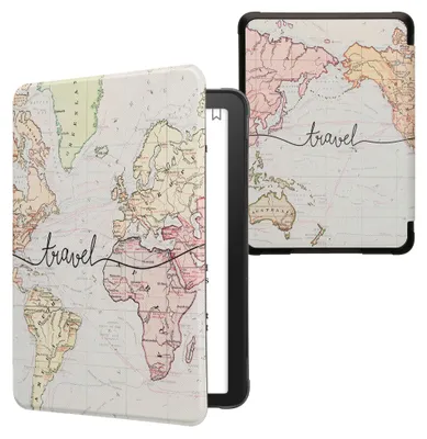 Produktbild von kwmobile Schutzhülle für Amazon Kindle Paperwhite (2024)/Colorsoft Hülle - eReader Flip Case mit Auto Sleep Funktion - Travel Schriftzug mit Schwarz