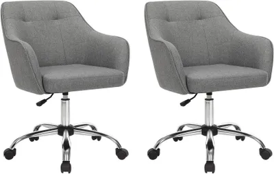 Two gray office chairs are shown against a white background.