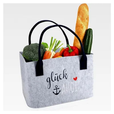 Produktbild von Filz-Shopper mit Henkel - Kaminholz-Tasche 40 x 26 cm - Tasche mit maritimem Spruch für Strand, Einkauf und Freizeit - faltbarer Aufbewahrungskorb aus Filz