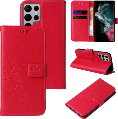 A collage of images showing a red floral flip phone case for a Samsung Galaxy S22 Ultra.