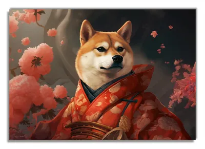 Produktbild von Wallario Premium Glasbild, freischwebende Optik, kräftige Farben, Größe 100 x 70 cm Motiv Samurai Shiba