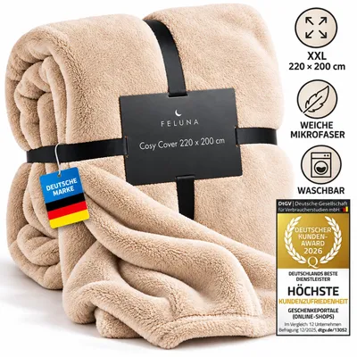 Produktbild von Feluna XXL Kuscheldecke 220x200 cm Beige - Flauschige Wohndecke aus Korallenfleece mit Kaschmir-Touch - Weiche Tagesdecke für Sofa & Bett