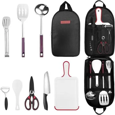 Produktbild von Reisecamping-Kochgelegenheits-Organisator-Set mit Santoku-Messer, Küchenrasierer, Spatel, Zangen, Löffel, Schneidebretter und Pflaumenmesser - Ideal für Picknicks, Reisen, Wandern und Gärtnern