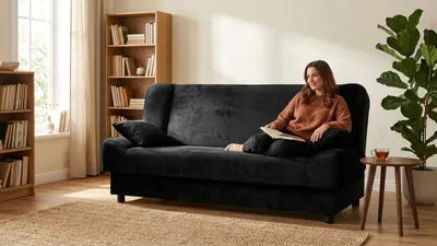 Produktbild von Schlafsofa SARA Monolit – mit Schlaffunktion, Webstoff in Schwarz, Family Meble, KI-generiertes Bild