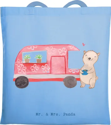 Produktbild von Mr. & Mrs. Panda Shopping Tasche Bär Camper - Sky Blue - Geschenk, Jutebeutel, Roadtrip, Wohnmobil, Urlaub, Tote Bag, Büchertasche, Zelten, Jutetasche, Schultasche
