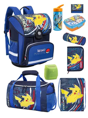 Produktbild von Blauer Pokemon Schulranzen mit Pikachu Motiv · Schulranzen Ergonomisch Leicht und Kompakt · 9-teiliges Set mit Dose & Flasche für die 1. bis 4. Klasse