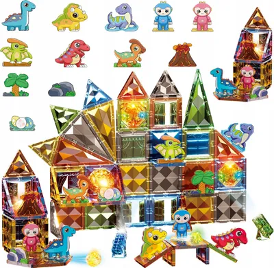 Zdjęcie produktu dla Magnetyczne Klocki Konstrukcyjne Świecący Zestaw Dinozaury Magnesy Led 98El