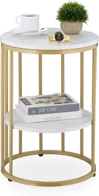 Immagine prodotto di Tavolino laterale effetto marmo - Spazio contenitivo - Salotto - Metallo - MDF - Tavolino rotondo - Altezza x Diametro: 57x40 cm - Bianco e oro