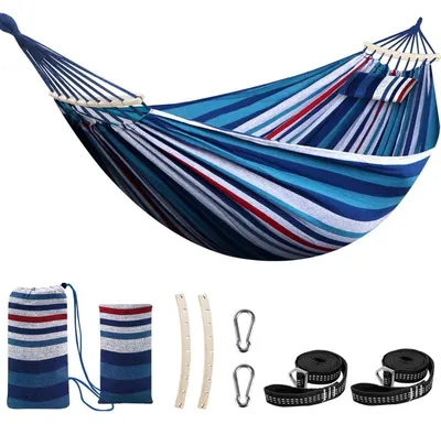 Productafbeelding van Hangmat van katoen, blauw/rood/wit gestreept, 270x150 cm, met steunstok en kussen, geschikt tot 300 kg