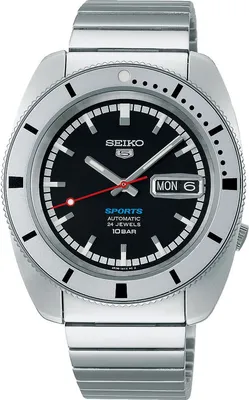 A close-up studio shot of a SEIKO 5 Sports automatic watch with a black dial and silver metal band.