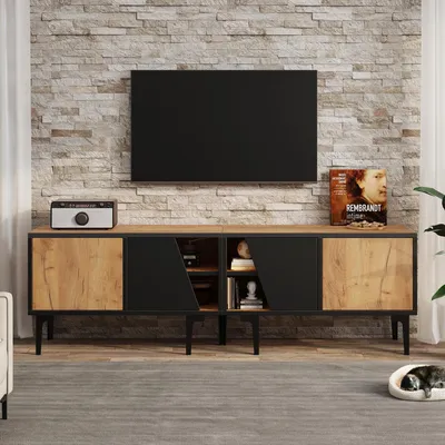 Immagine prodotto di Mobile TV a 160 cm per televisori da 65 pollici, mobile TV in legno effetto naturale e nero con quattro scomparti, dimensioni 160x36,5x45 cm