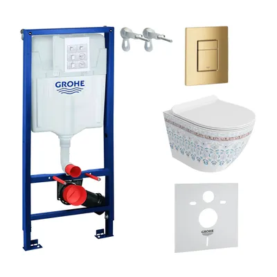 Produktbild von GROHE Vorwandelement Solido + Wand Hänge WC Sofi Slim Folklor Spülrandlos + WC-Sitz SoftClose | Goldener Knopf | Komplettset | Unterputz Spülkasten |  Toilette Komplett Sett