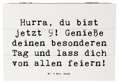 Produktbild von Mr. & Mrs. Panda Holztruhe Spruch 9. Geburtstag Freude 22 x 15 cm - Weiß - Geschenk, schatztruhe, Feiern mit Familie und Freunden, Box, Kiste, Glückwunsch, Happy Birthday