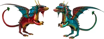 Produktbild von Moderne Gartenfigur Gartenskulptur Drache im 2er Set aus Metall mehrfarbig Höhe 30 cm Breite 50 cm