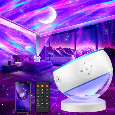 Image de Projecteur Noorderlicht : 16 couleurs, avec 15 sons de bruit blanc, 5 effets d'aurores boréales (lune et étoiles) – Bluetooth et télécommande + minuterie