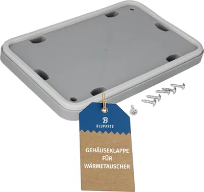 A gray plastic cover with a white rubber seal and a brown tag with blue text.