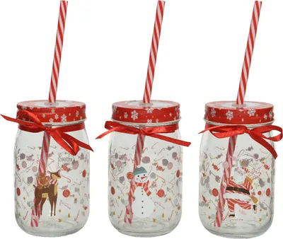 Produktbild von Glas mit Deckel und Weihnachtsmotiv 13cm klar / rot 1 Stück sortiert