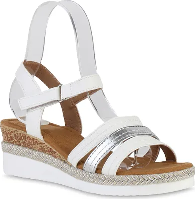 Produktbild von VAN HILL Damen Sandaletten Keilsandaletten Metallic Profil-Sohle Schuhe 840276, Farbe: Weiß Silber Metallic, Größe: 41