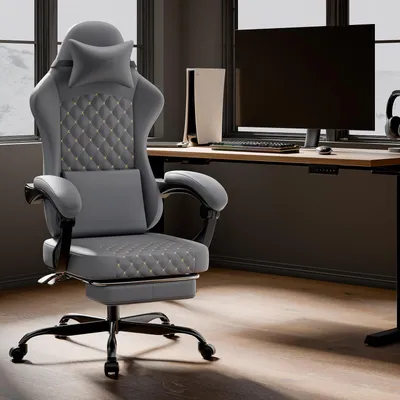 Obrázok produktu pre Herná stolička, potiahnutá PVC kožou, s masážnou funkciou, opierkou nôh, ergonomický dizajn, nosnosť 150 kg – sivá