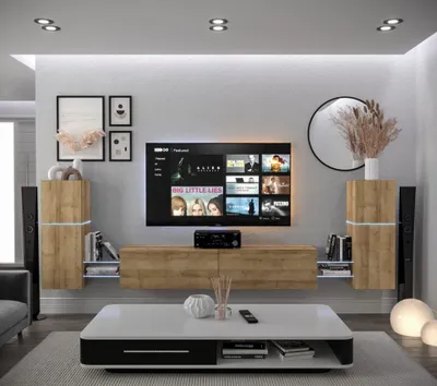 Obrázek produktu pro Furnitech Obývací stěna - Nábytek do obývacího pokoje s LED RGB - 16 barev - Moderní závěsná skříňka - Obývací stěna s policemi a TV skříňkou (AN104-21DZ-M5-1B)